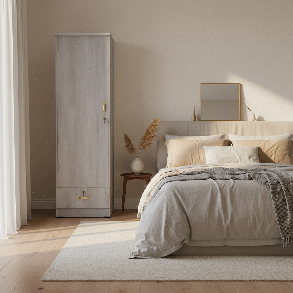 Single Door Wooden Wardrobe IH 611 in Modern Bedroom UAE – Space-Saving Wardrobe Dubai