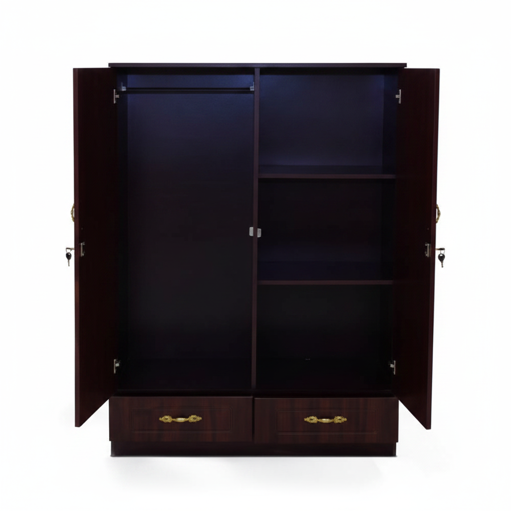 Dark Mahogany Wardrobe Open View – Hanging Rail, Shelves & 2 Drawers – Wooden Wardrobe Dubai UAE | INFINI HOMES