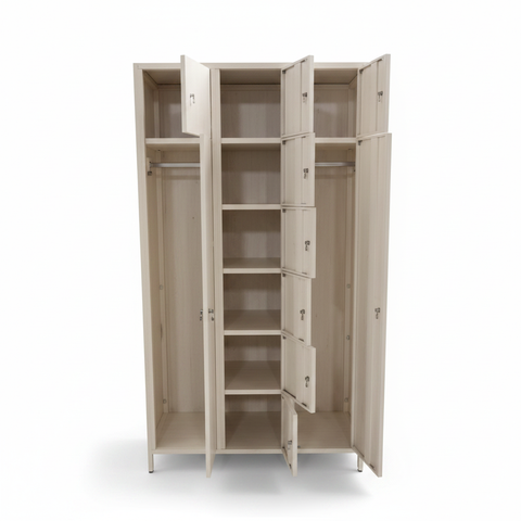 Metal 10-Door Triplex Locker Open Interior – Beige Steel Storage Cabinet with Shelves & Hanging Rail UAE