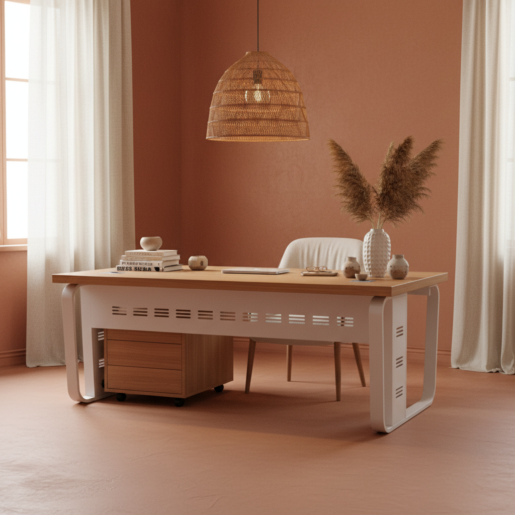 Office Desk 1.4m Light Walnut Frame White Top (140x70x75cm) | Premium Office Furniture UAE | IH 7772