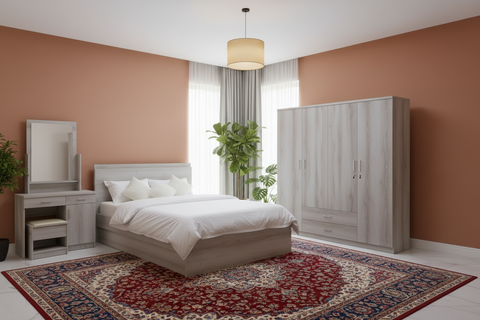 Grey Wooden Bedroom Furniture Set in UAE Home with Wardrobe & Dressing Table | Dubai Delivery