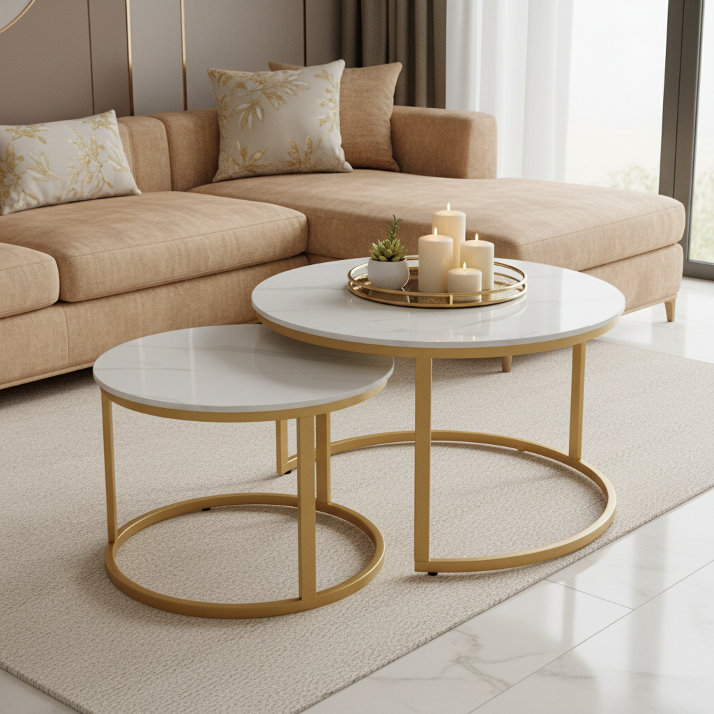 Sintered Stone Coffee Table Set (1+1) | IH 6-1 | 70×70 & 50×50 cm | Golden Base