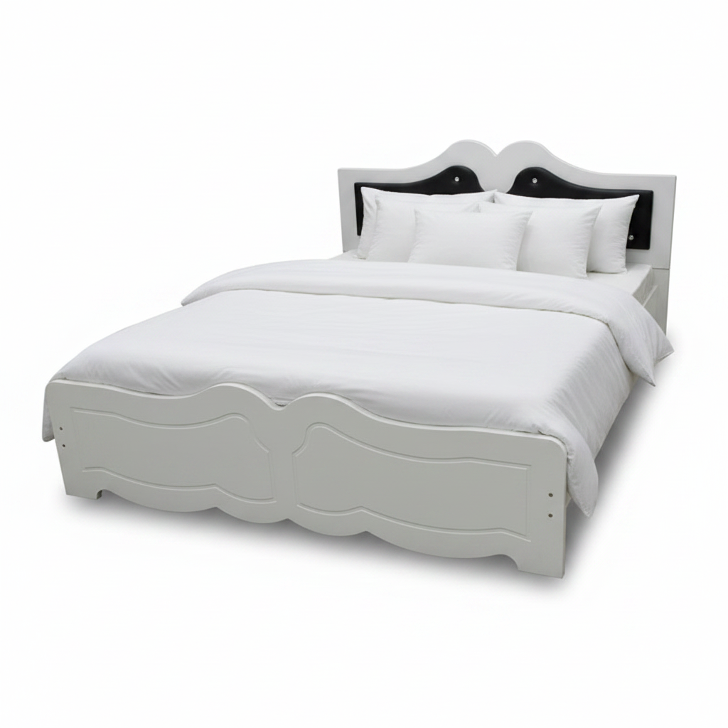 White Wooden Double Bed Frame 150x190cm with Black Upholstered Headboard | Buy Online UAE