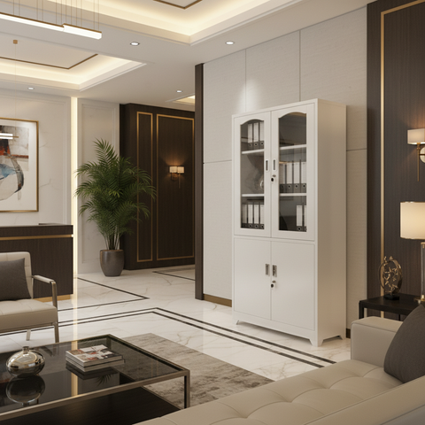 Metal Cupboard with Stand Leg & 2 Glass Doors | Beige Storage Cabinet UAE – IH K12