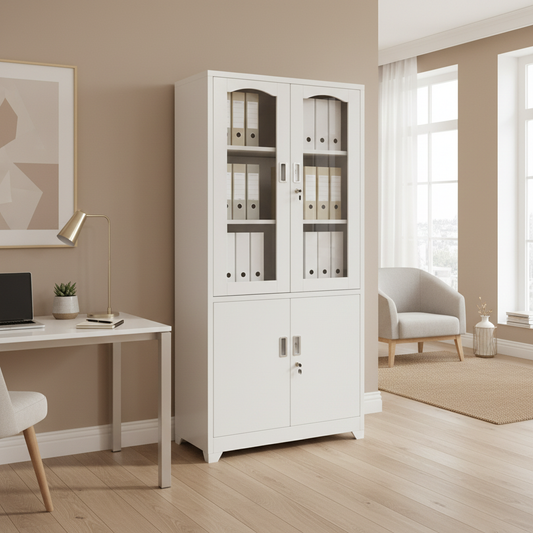 Metal Cupboard with Stand Leg & 2 Glass Doors | Beige Storage Cabinet UAE – IH K12