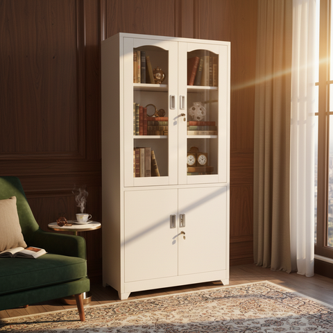Metal Cupboard with Stand Leg & 2 Glass Doors | Beige Storage Cabinet UAE – IH K12
