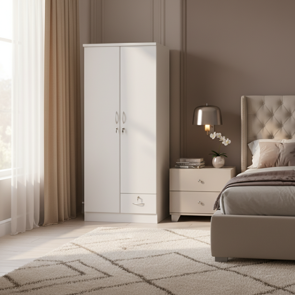 INFINI HOMES 2 Door Wooden Wardrobe UAE - White Engineered Wood 1 Lockable Drawer Modern Dubai Abu Dhabi Sharjah