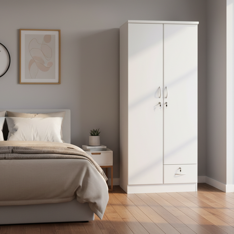 INFINI HOMES 2 Door Wooden Wardrobe UAE - White Engineered Wood 1 Lockable Drawer Modern Dubai Abu Dhabi Sharjah