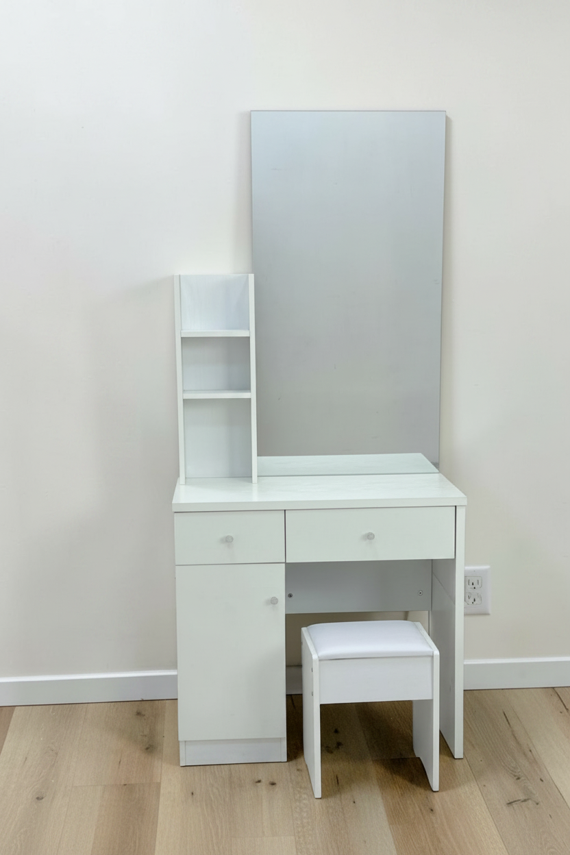 White MDF Dressing Table with Mirror and Open Shelves – Modern Bedroom Furniture UAE
