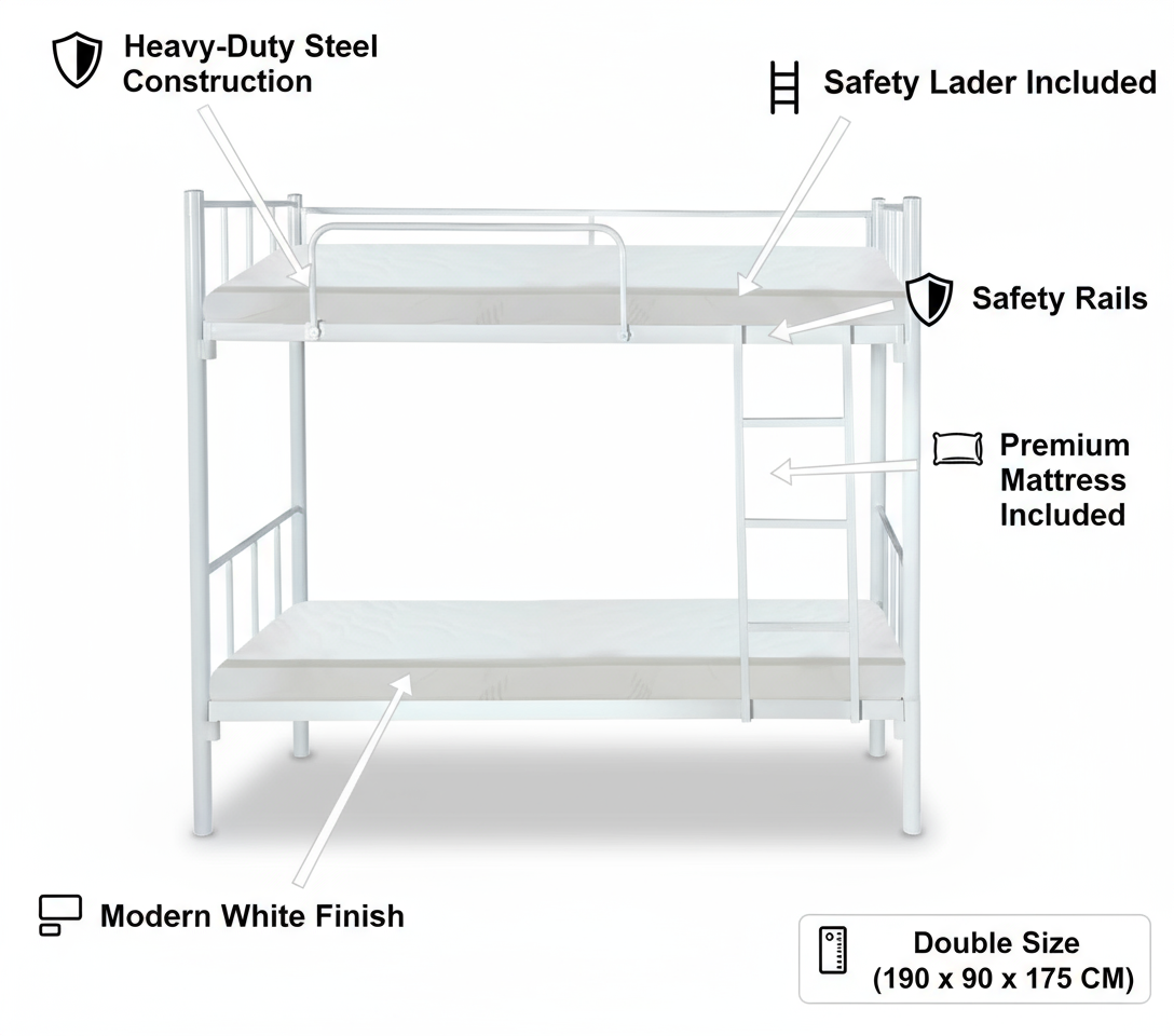 Premium Steel Bunk Bed with mattress 90x190 Dubai UAE | Heavy Duty Double Metal Bunk Bed with Mattress & Ladder | INFINI HOMES