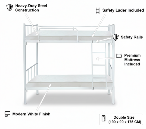Premium Steel Bunk Bed with mattress 90x190 Dubai UAE | Heavy Duty Double Metal Bunk Bed with Mattress & Ladder | INFINI HOMES