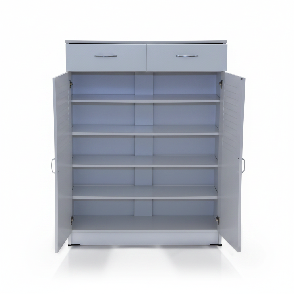 White Shoe Cabinet Open View – Interior Storage Shelves with Louvred Doors – Dubai UAE | INFINI HOMES