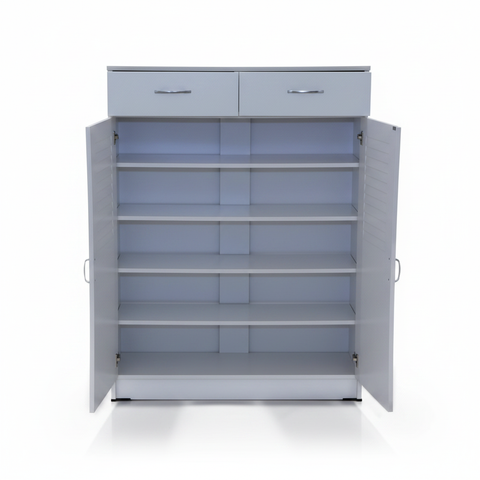 White Shoe Cabinet Open View – Interior Storage Shelves with Louvred Doors – Dubai UAE | INFINI HOMES