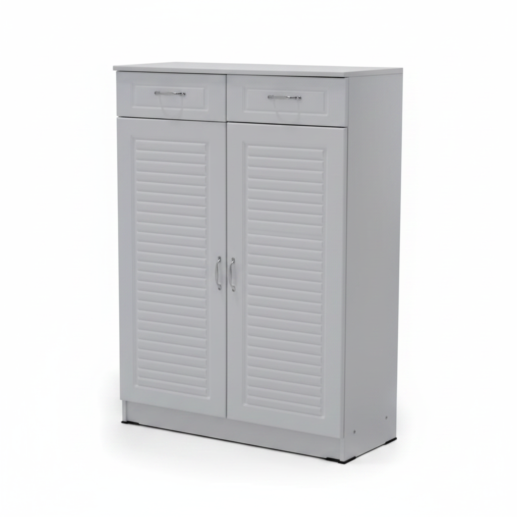 White Wooden Shoe Cabinet with Double Louvred Doors and Drawers – Shoe Storage UAE | INFINI HOMES