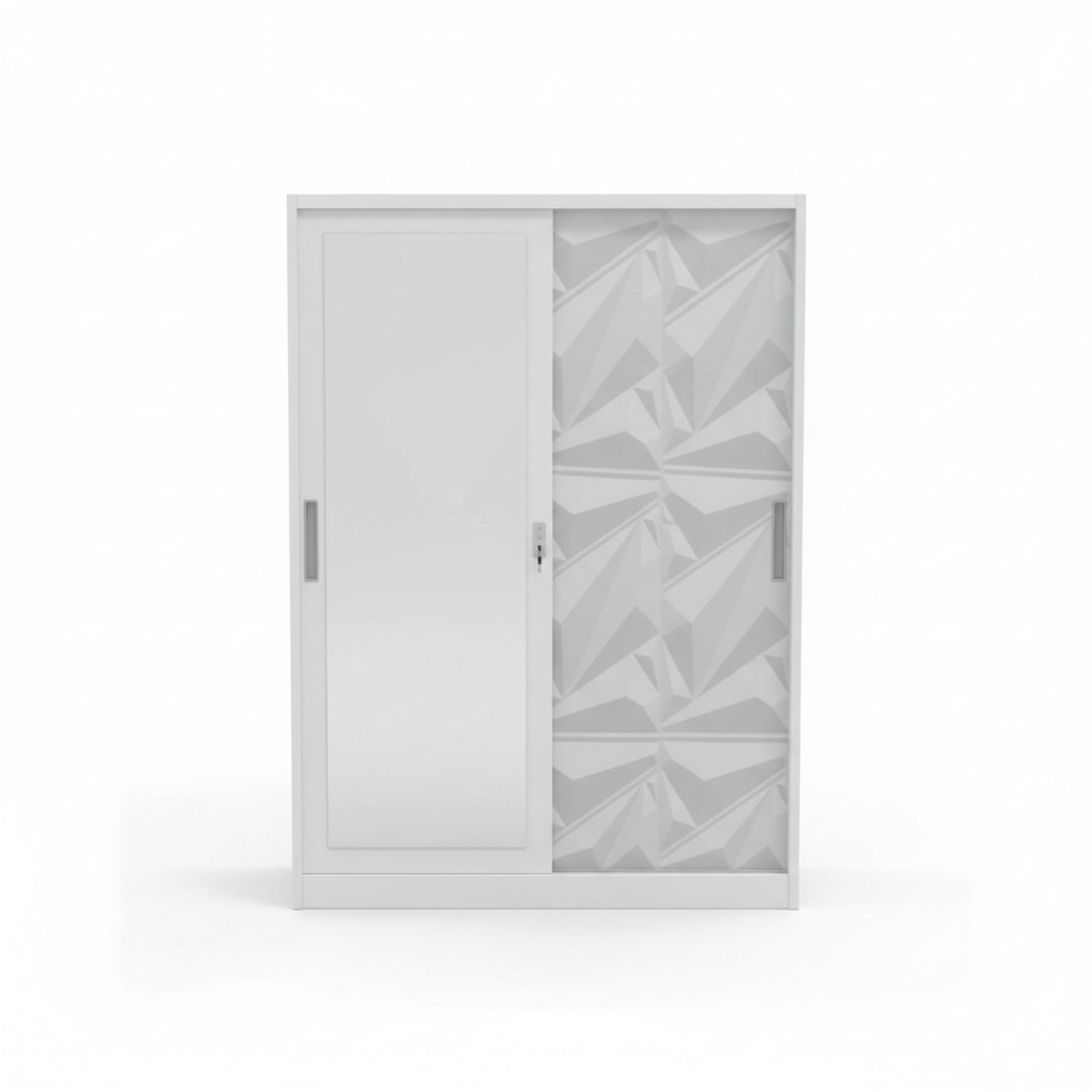 White Sliding Door Wardrobe with 3D Panel Design – Modern Bedroom Storage Cabinet UAE