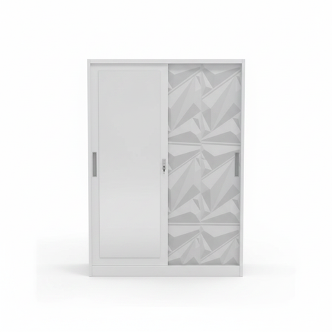 White Sliding Door Wardrobe with 3D Panel Design – Modern Bedroom Storage Cabinet UAE