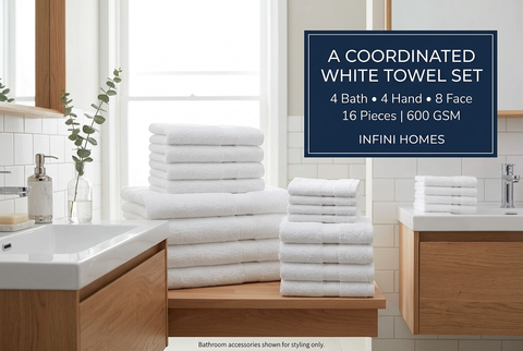 White Towel Set – 16 Pieces | 600 GSM Bath, Hand & Face Towels