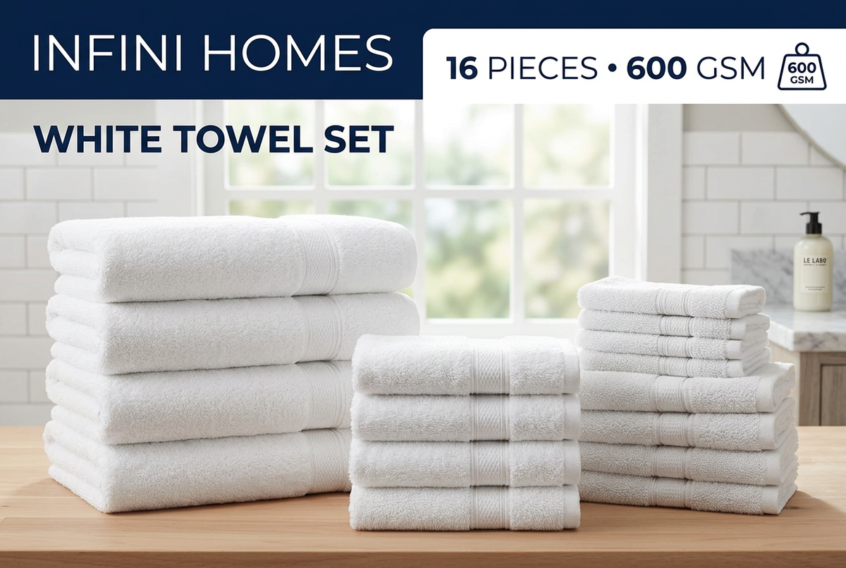 White Towel Set – 16 Pieces | 600 GSM Bath, Hand & Face Towels