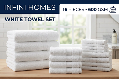 White Towel Set – 16 Pieces | 600 GSM Bath, Hand & Face Towels