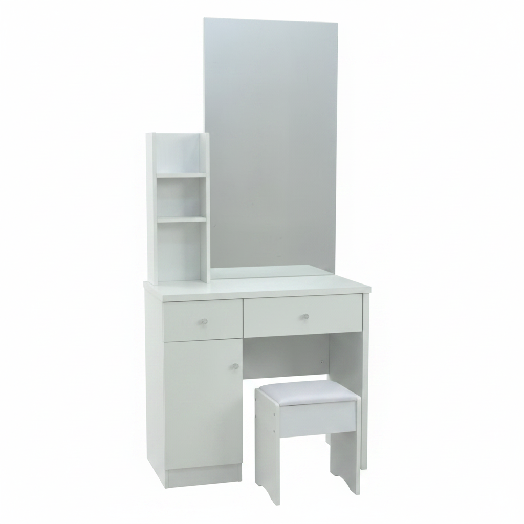White Vanity Dressing Table with Large Mirror, Side Shelves and Stool – Buy Online UAE