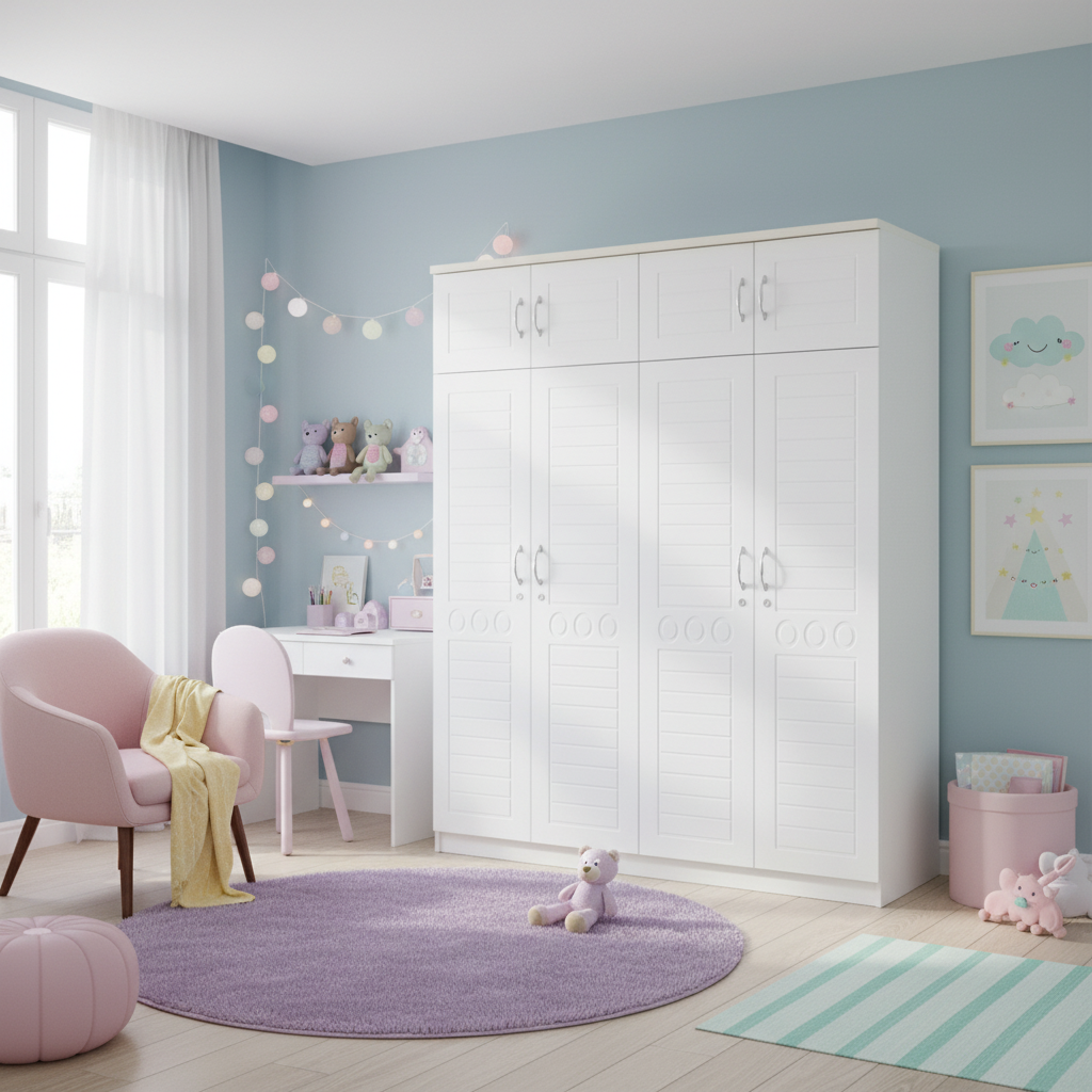 White Four Door Wardrobe in Kids Bedroom – Children's Room Storage UAE