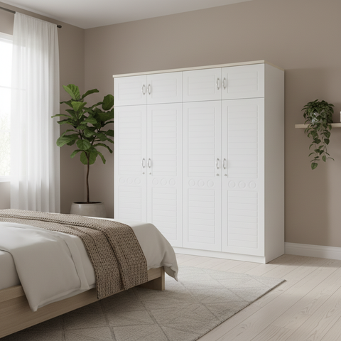 White 4-Door Wardrobe in Scandinavian Bedroom – Modern Storage Furniture UAE