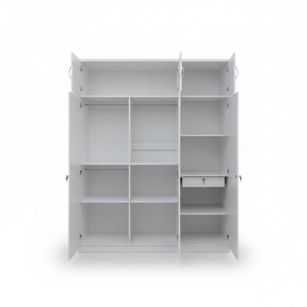 IH 761 Three Door Wardrobe Interior – Multi-Shelf Storage with Drawer, Premium Wooden Wardrobe UAE