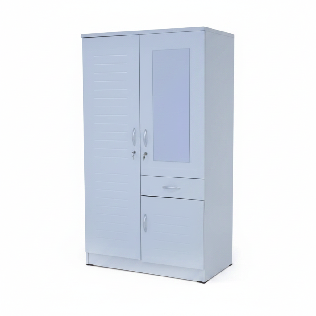 INFINI HOMES Two Door Wardrobe IH 7728 – White Wooden Wardrobe with Mirror Panel and Drawer – Dubai UAE