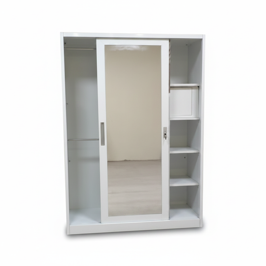 White Sliding Wardrobe Open Interior with Mirror Door, Hanging Rail and Side Shelves – Buy in UAE