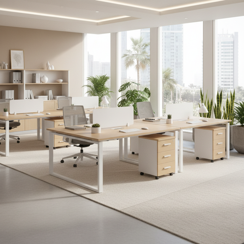 2 Person Office Workstation Desk Dubai UAE | Face to Face Desk 120x120cm Oak White