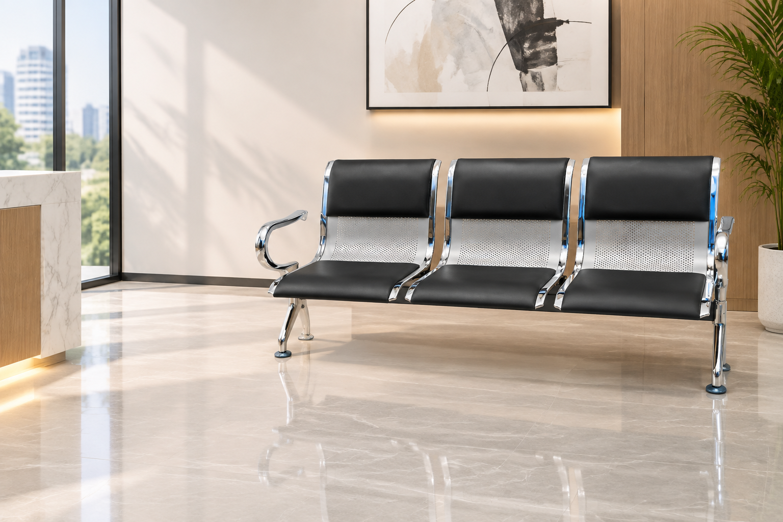 Airport Chair 3-Seater Steel Silver & Black PVC - UAE Delivery