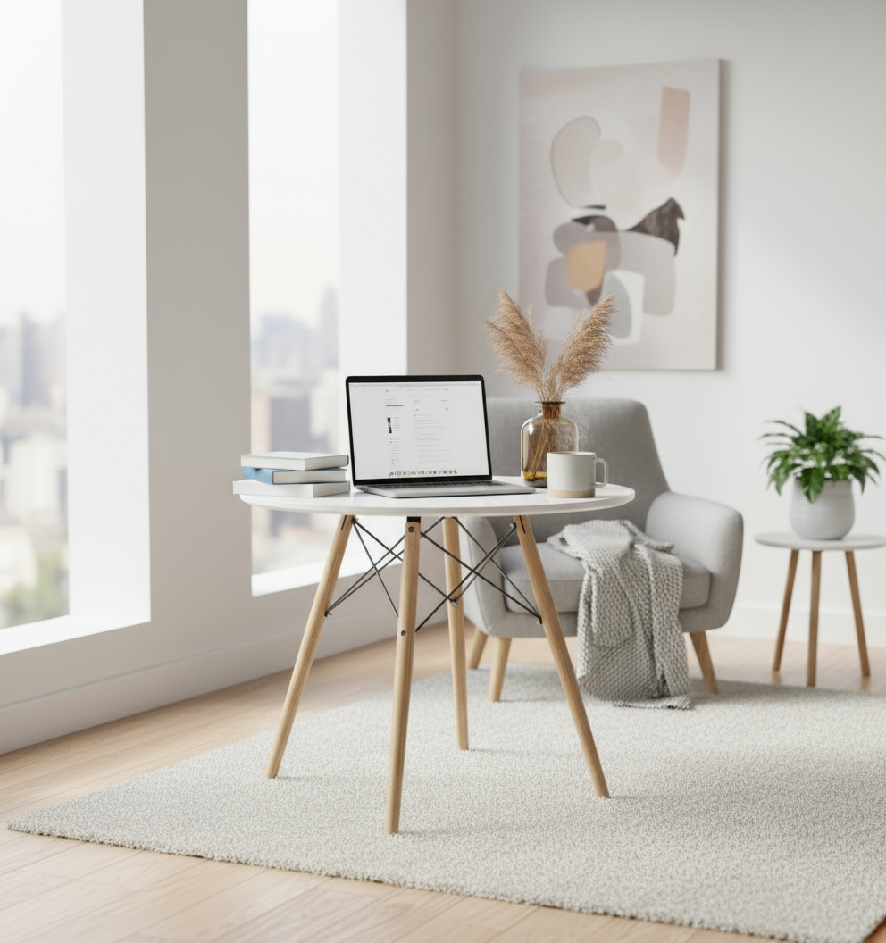 Round Side Table Dubai - Premium White Top Wood Support | UAE Furniture