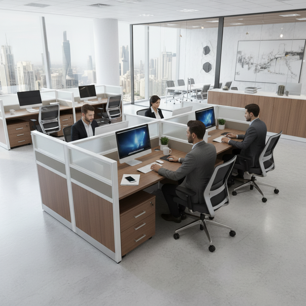 4-Person Work Station Oak+Kakie | Office Furniture UAE | INFINI HOMES