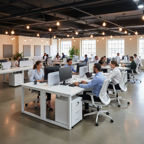 Four Person Wooden Steel Workstation with Privacy Screens – Open Plan Office Setup UAE | INFINI HOMES IH 834