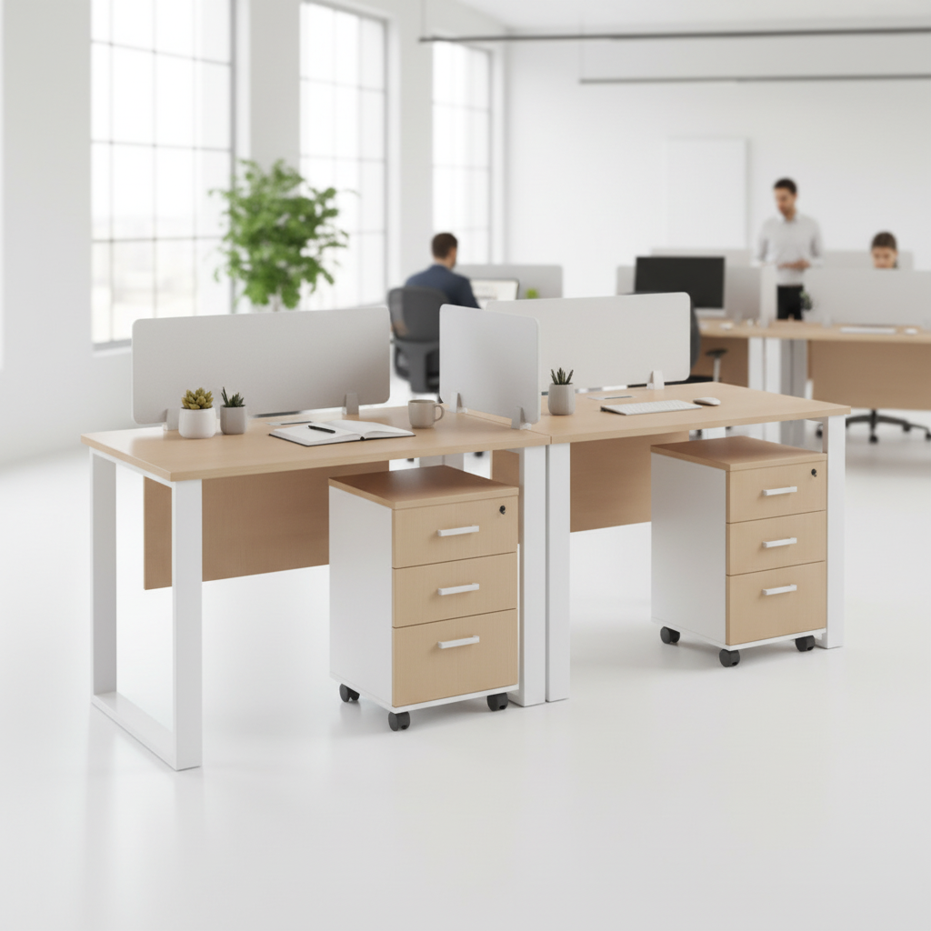 2 Person Office Workstation Desk with Drawers UAE | Oak & White 240cm | Dubai Office Furniture