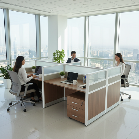 4-Person Work Station Oak+Kakie | Office Furniture UAE | INFINI HOMES